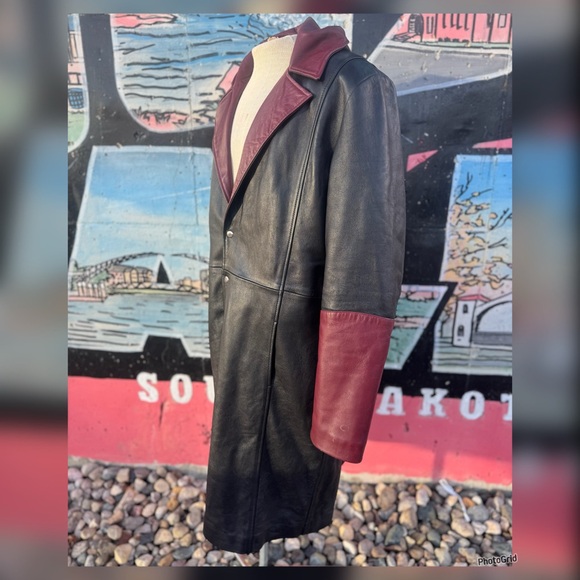 Vintage 1980’s Black & Burgundy Leather Trench Duster Men’s Coat with Hood XL - Picture 2 of 10